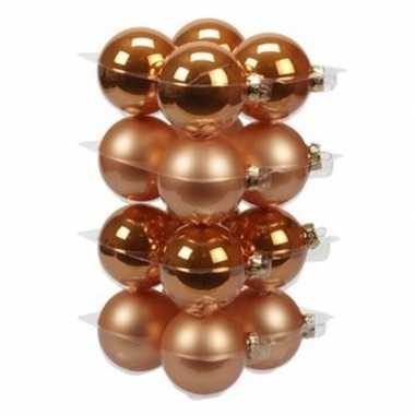 16x glazen kerstballen mat en glans oranje 8 cm