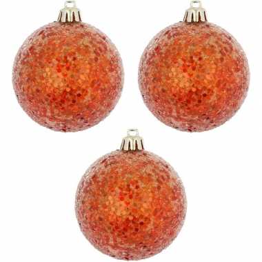 3x oranje kerstballen met glitters 8 cm