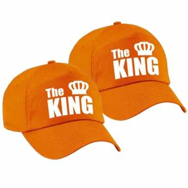 4x stuks feestpet / cap the king oranje witte letters en kroon heren