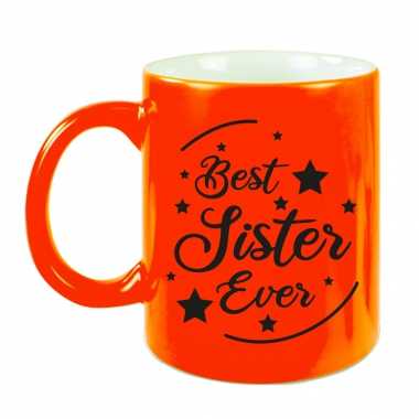 Best sister ever cadeau mok / beker neon oranje 330 ml - verjaardag / bedankje - kado zus/ zusje