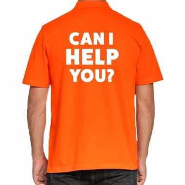Evenementen polo shirt oranje met can i help you bedrukking heren