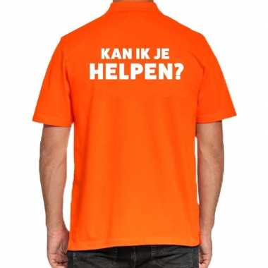 Evenementen polo shirt oranje met kan ik je helpen bedrukking heren