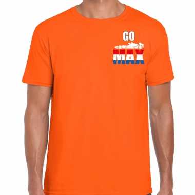 Go max autocoureur / autosport supporter met raceauto op borst t-shirt oranje voor heren