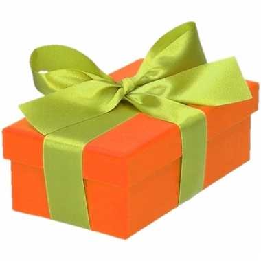 Kado doosjes oranje met lichtgroene strik 10 cm rechthoekig