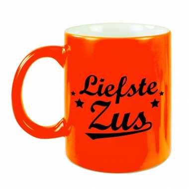 Liefste zus cadeau mok / beker neon oranje 330 ml - verjaardag / bedankt cadeau