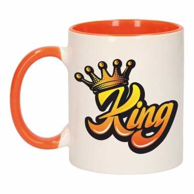 Mok/ beker wit en oranje koningsdag king met kroon 300 ml