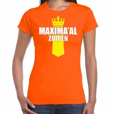 Oranje queen maximaal zuipen shirt met kroontje - koningsdag t-shirt voor dames