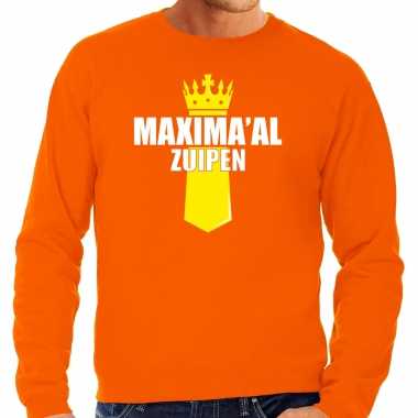 Oranje queen maximaal zuipen sweater met kroontje - koningsdag truien voor heren