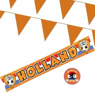 Oranje versiering buiten pakket 1x holland banner 370x60 + 100 meter vlaggetjes