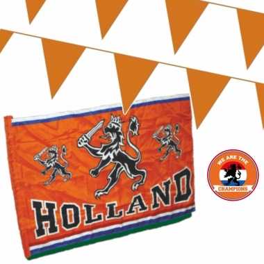 Oranje versiering buiten pakket 1x mega holland spandoek/ vlag + 300 meter vlaggetjes