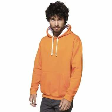 Oranje/witte heren truien/sweaters met hoodie/capuchon