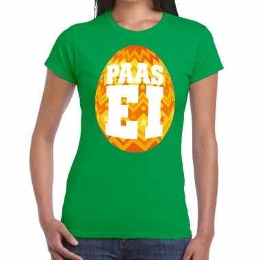 Pasen shirt groen met oranje paasei voor dames