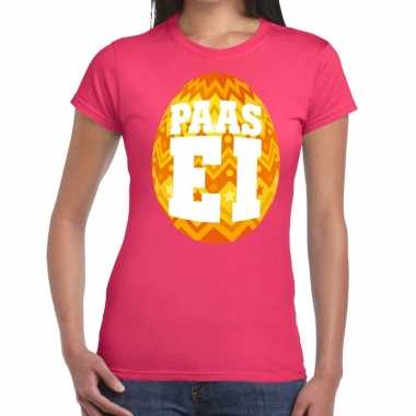 Pasen shirt roze met oranje paasei voor dames
