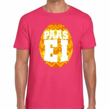 Pasen shirt roze met oranje paasei voor heren