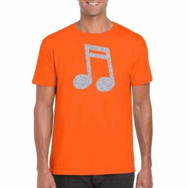 Zilveren muziek noot t-shirt oranje voor heren