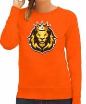 Koningsdag sweater oranje voor dames oranje fan trui leeuwenkop met kroon