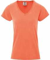 Perzik oranje dames t-shirts met v hals