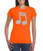 Zilveren muziek noot t-shirt oranje voor dames