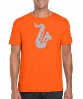 Zilveren muziek saxofoon t-shirt oranje voor heren outfit voor saxofonisten